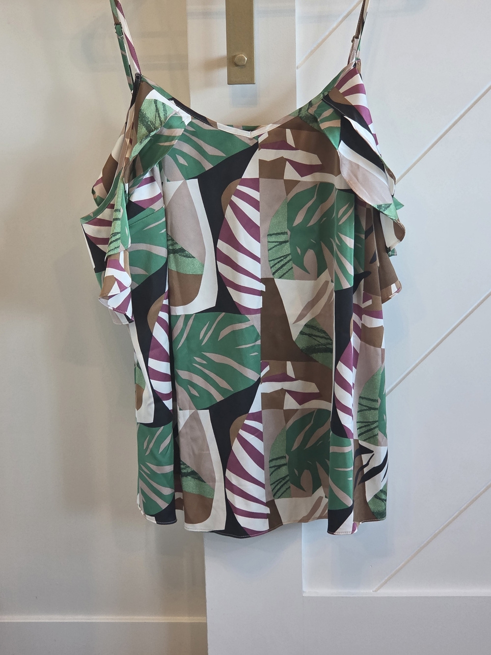 RW&CO. Abstract Leaf Print Cold-Shoulder Cami Top - Green/Brown/Pink